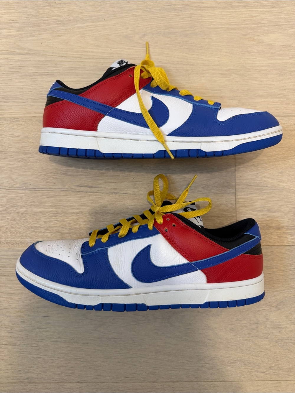 Nike Men’s Dunk Low — Blue, Red, White with Yellow Laces